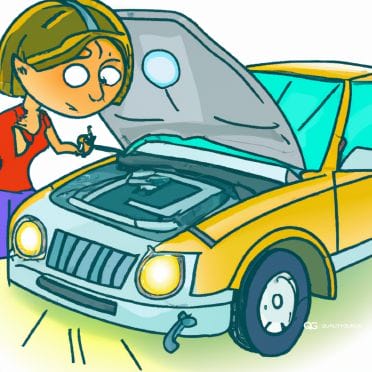 DALL·E 2022-10-26 18.05.16 - A cartoon of an overheated car with open hood and a female driver inspecting it