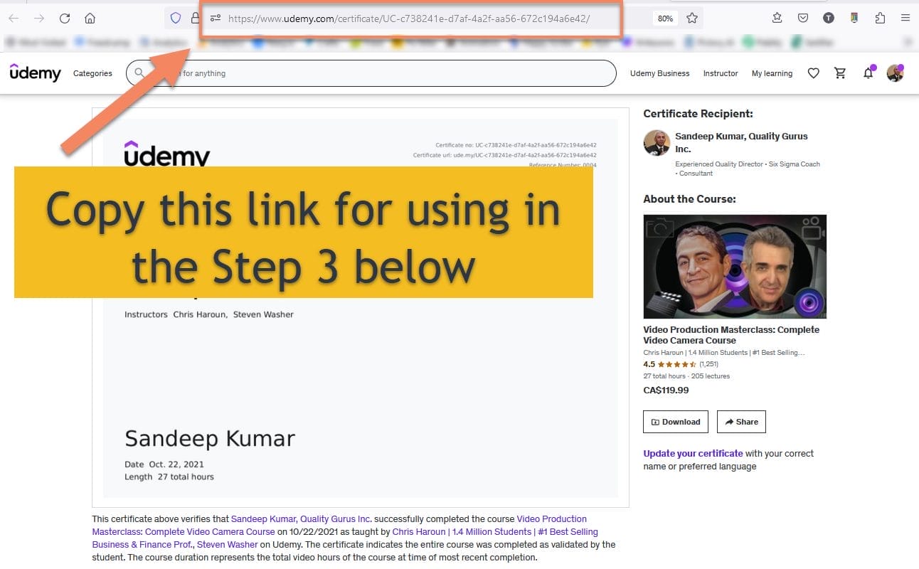 copy udemy certificate link