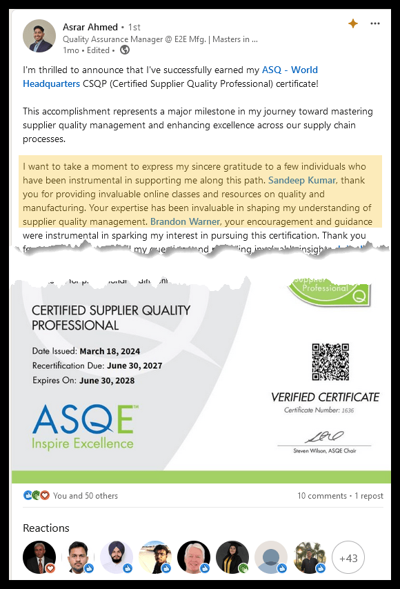 Asrar Ahmed Testimonial CSQP