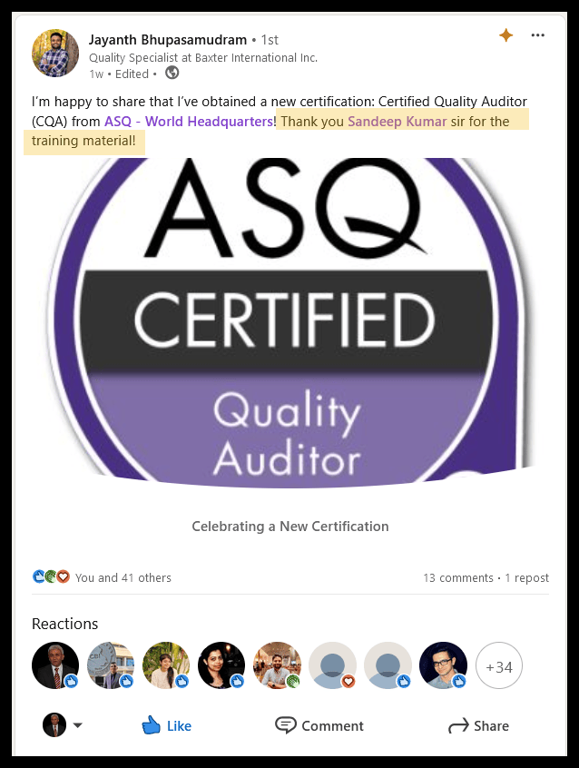 Jayanth Bhupasamudram Testimonial CQA