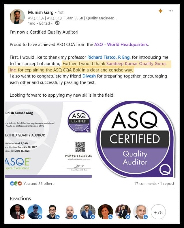 Munish Garg Testimonial CQA