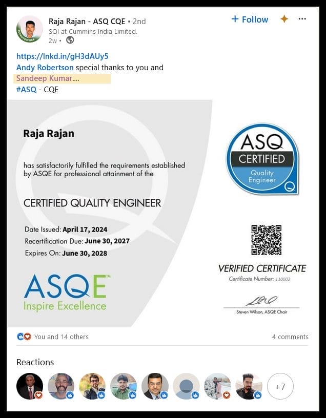 Raja Rajan Testimonial CQE