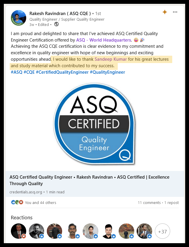 Rakesh Ravindran Testimonial CQE