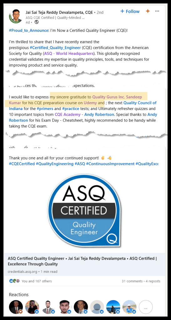 Testimonials - ASQ Exams Preparation | Quality Gurus