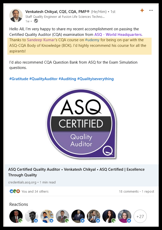 Venkatesh Chikyal Testimonial CQA