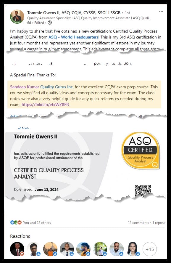 Tommie Owen Testimonial CQPA