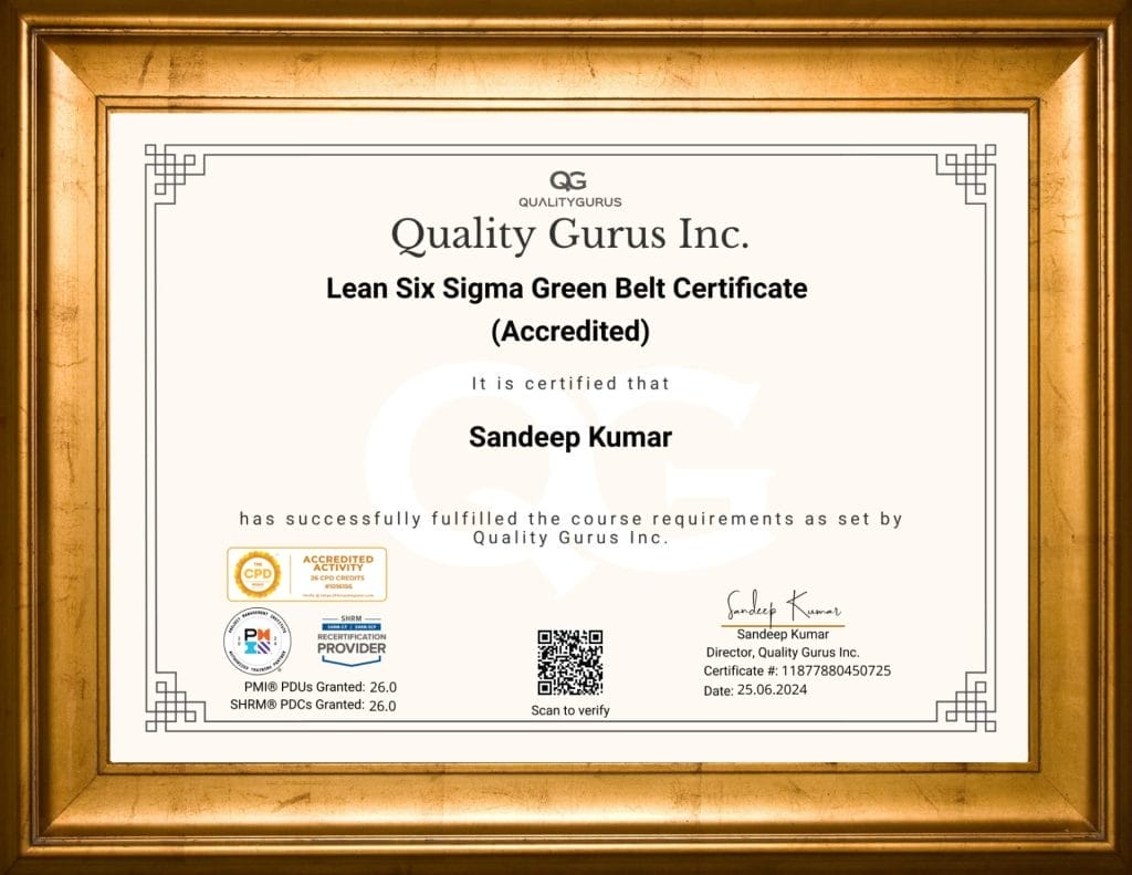 Accredited Six Sigma Green Belt Certificate Quality Gurus Inc