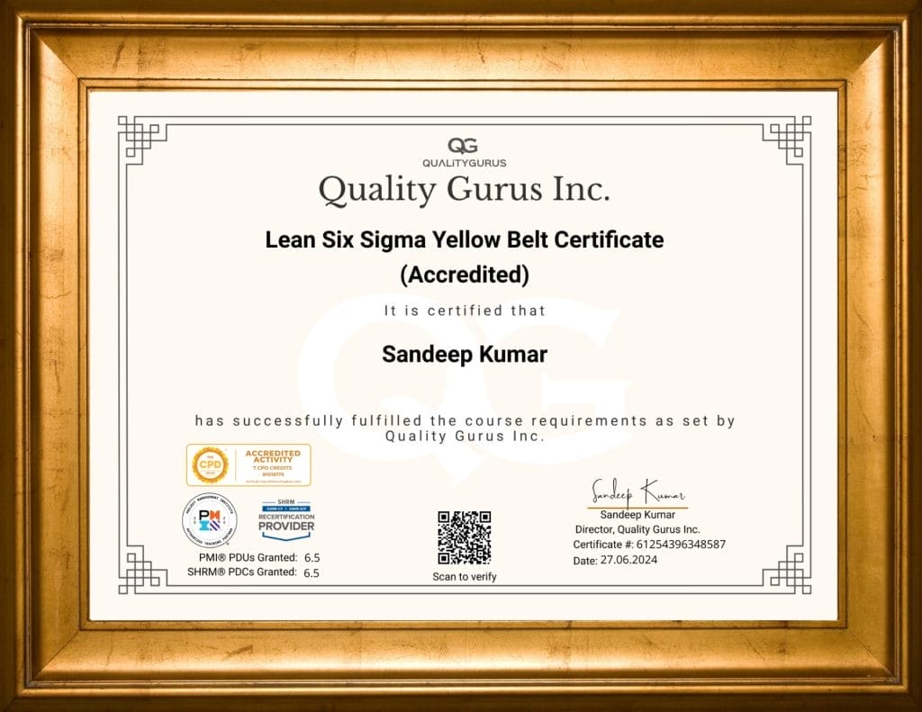 Accredited Six Sigma Yellow Belt framed Certificate Quality Gurus Inc