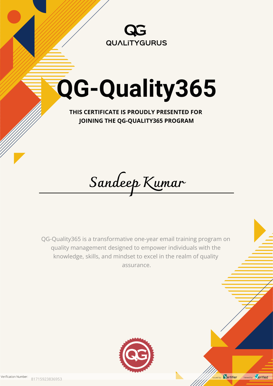 QG Quality365 Certificate of Participation