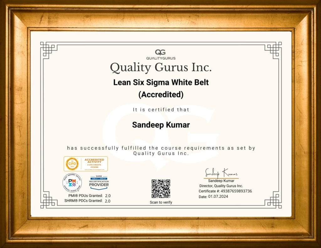 six sigma white belt framed accredited pdu Certificate Quality Gurus Inc